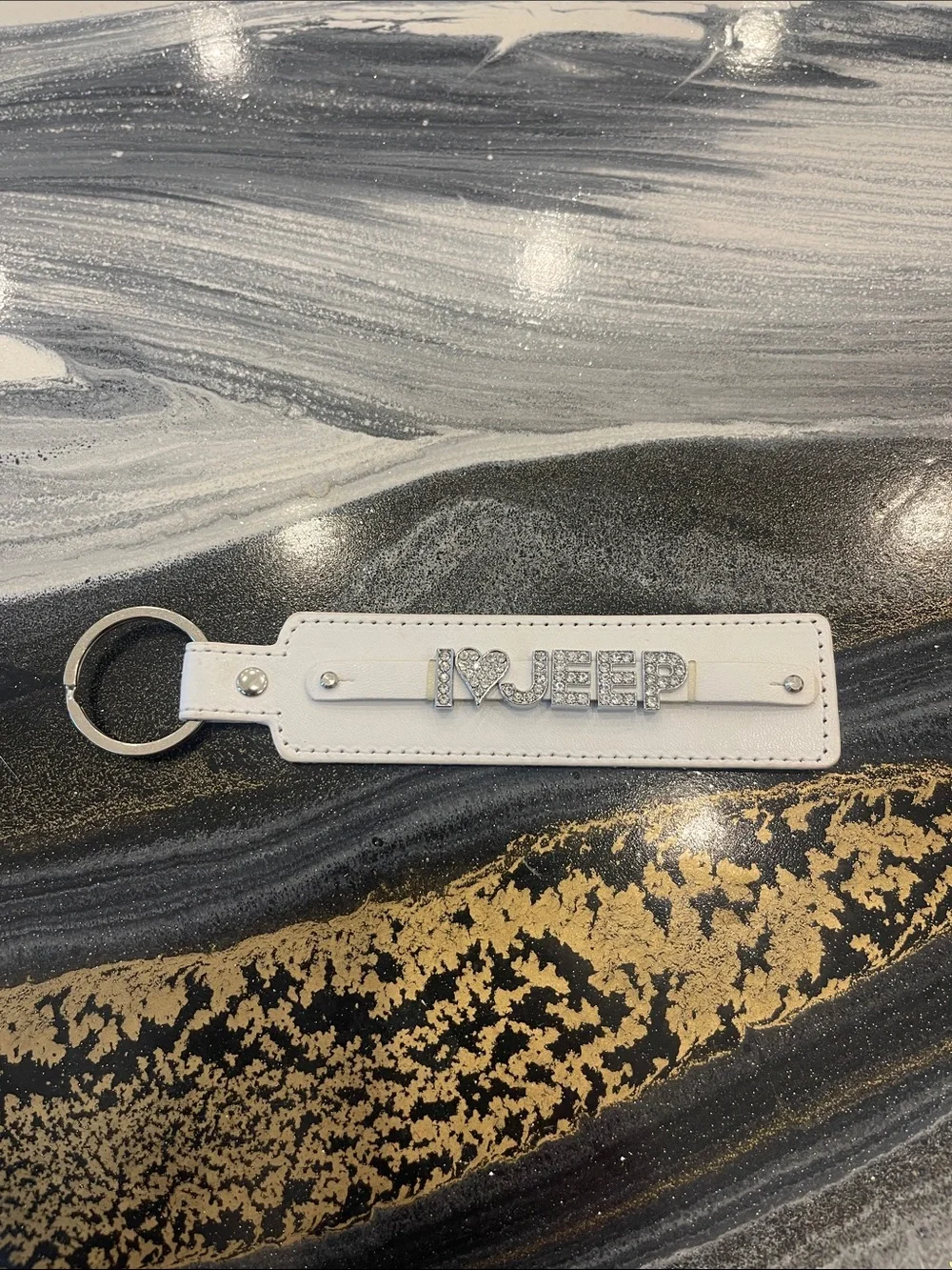 I ♥ JEEP White Leather Keychain with Crystal Detail